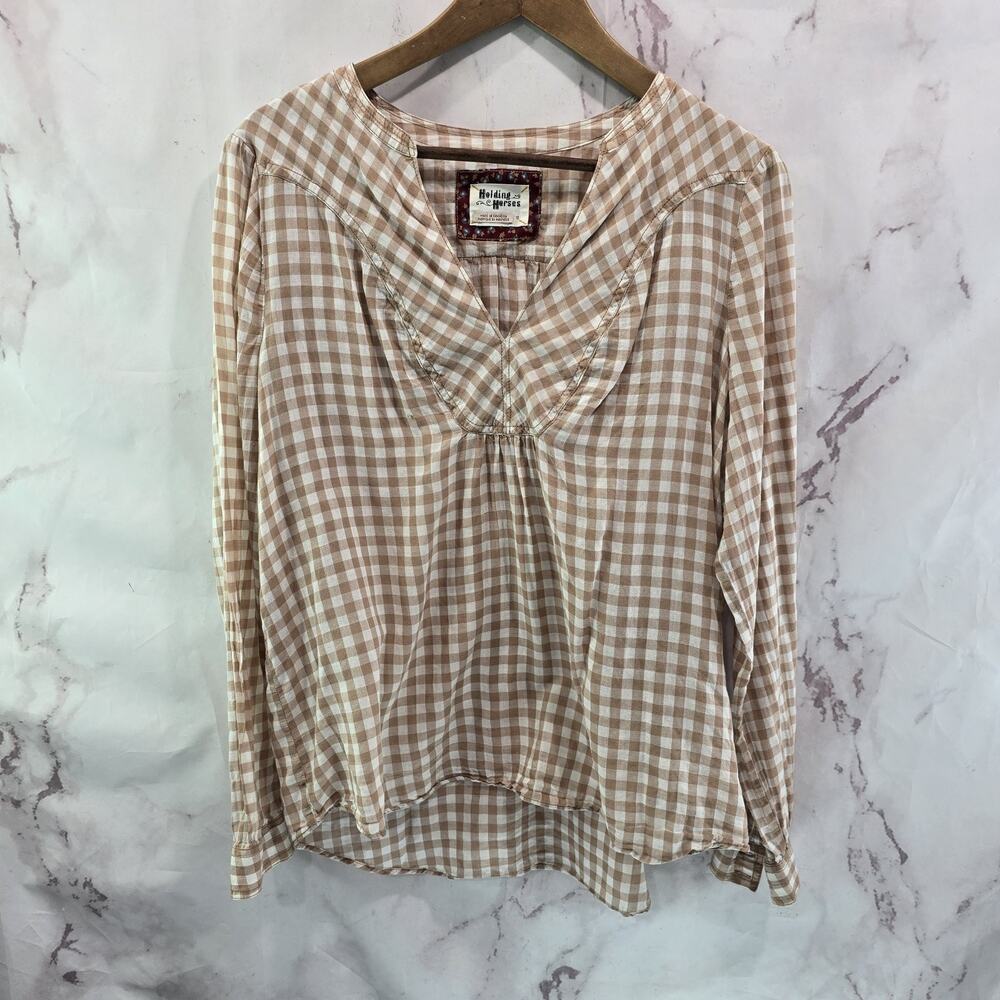 Anthropologie Shirt Womens Medium 10 Check Gingham Roll Holding Horses Popover